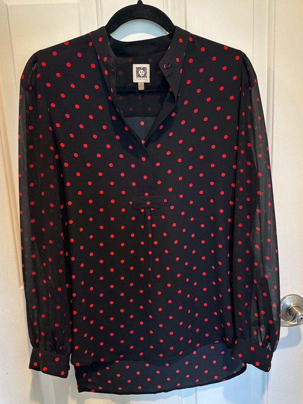 Anne Klein Polka Dot V-Neck Long Sleeve Blouse - Black with Red Dots Size XS
